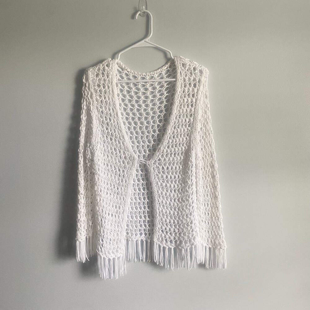 White Knitted Crochet Bohemian Prairie Cottage Core Cardigan Medium-Large